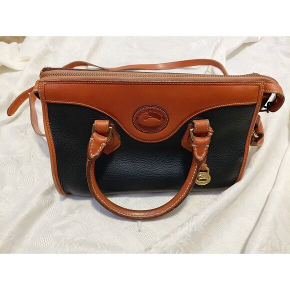 Dooney & Bourke Vintage All Weather Pebbled Leather Satchel Crossbody Navy Tan - Picture 1 of 16